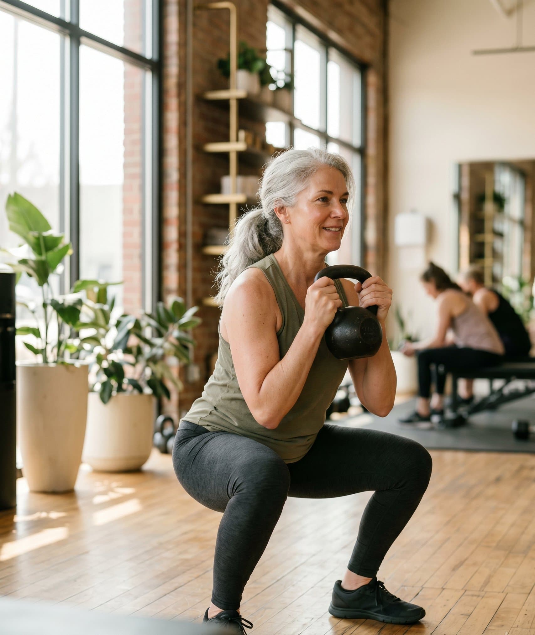 Woman in her 50s doing a kettlebell goblet squat in a sunlit modern gym.