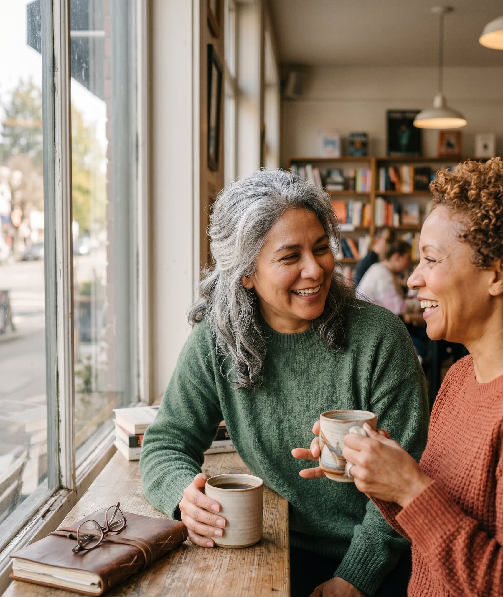 Woman with silver hair enjoying coffee at a quiet window seat.