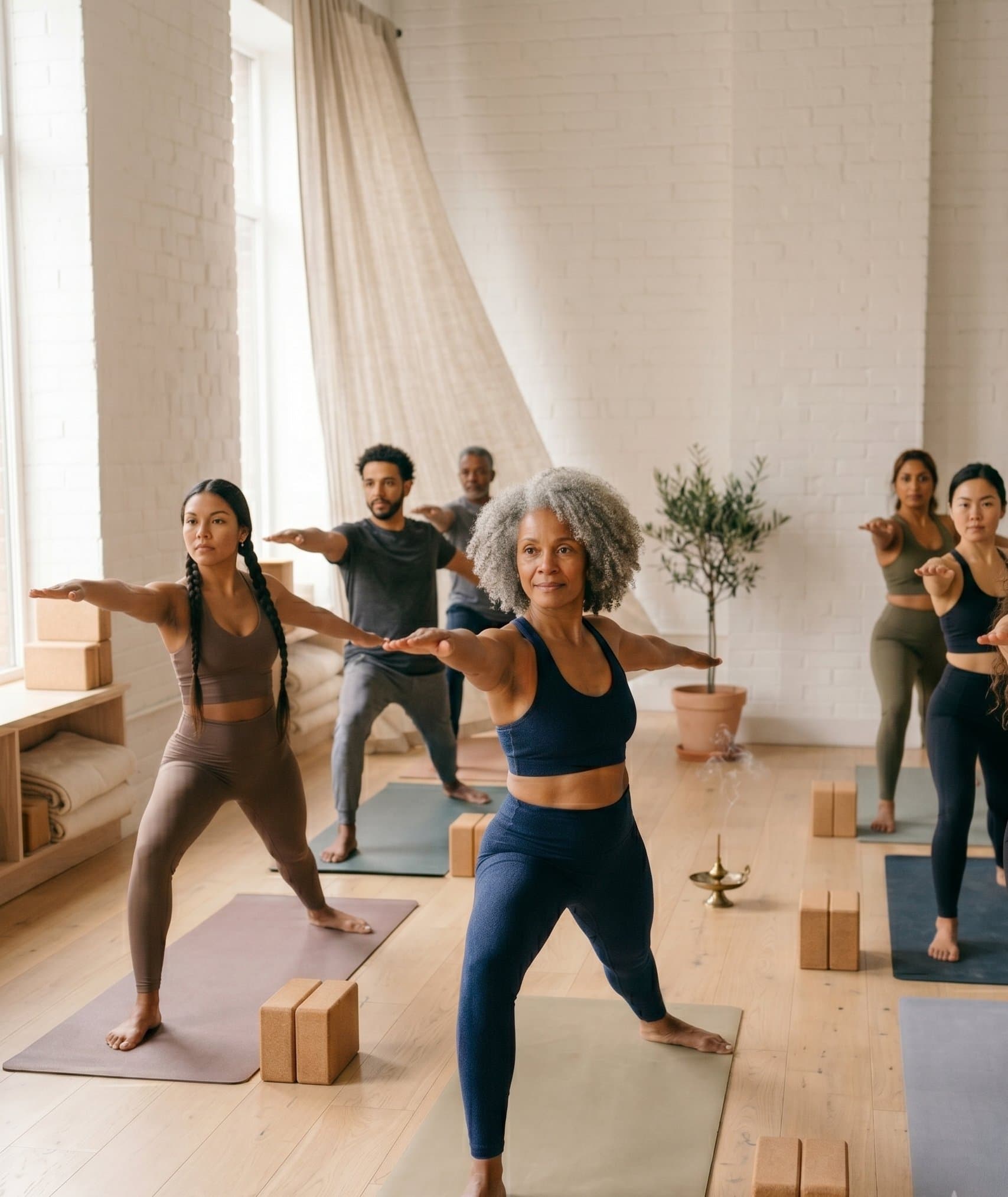 Woman holding a yoga warrior pose in a sunlit airy studio.