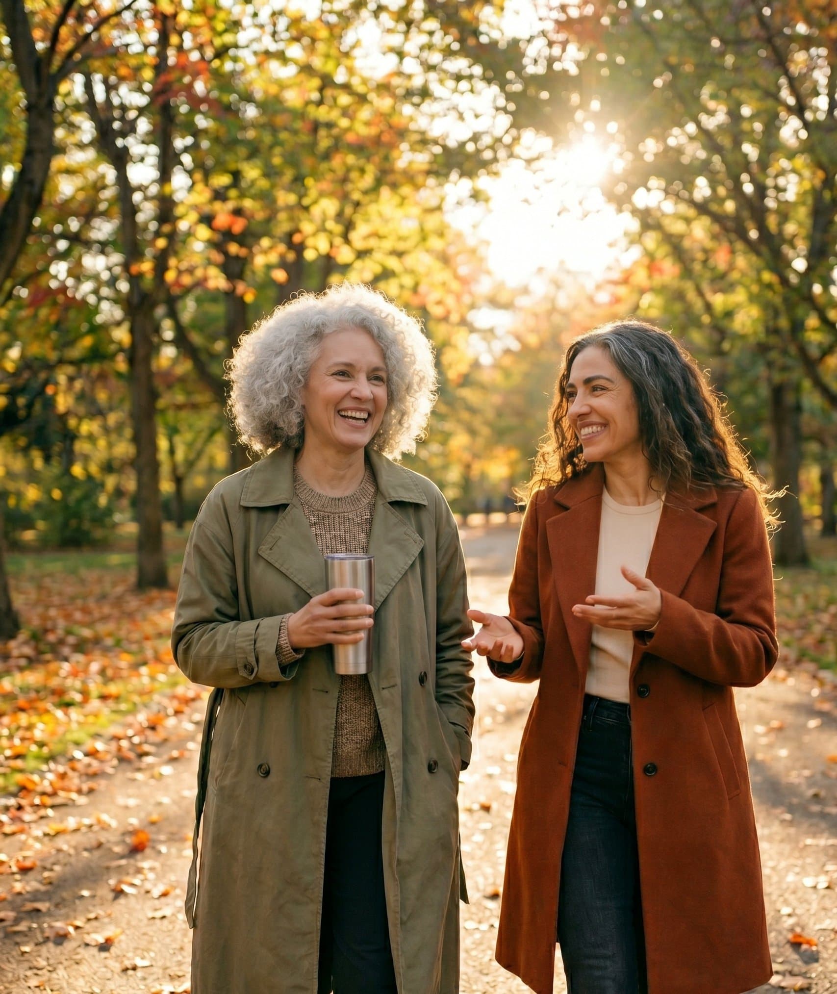 Two women in their late 40s laughing on an autumn park path.